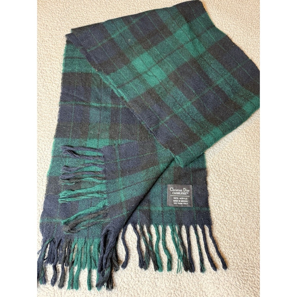 Vintage Christian Dior Scarf Cashluxe Blue Green Plaid Fringe Tartan Madras